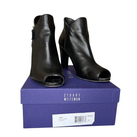 Stuart Weitzman Black Nappa Leather "Jump" Peep-Toe Bootie Size 10 Includes Box - Picture 2 of 11